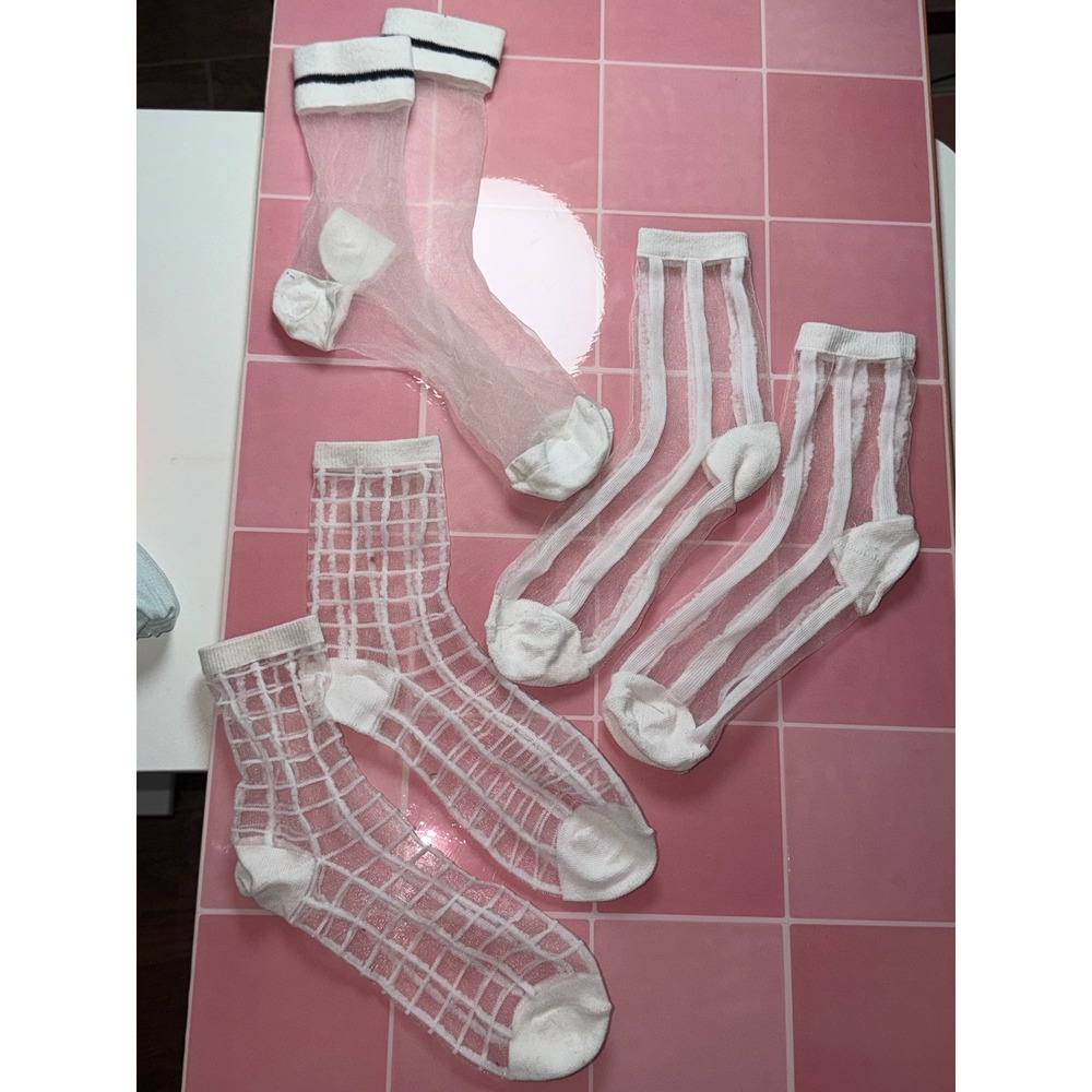3 Pairs White Sheer Mesh Crew Socks Grid Stripe Tulle Bundle Womens
